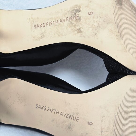 Saks Fifth Avenue Felicity Black Pointed Toe 4" High Heel Sz 9 Leather Fabric - Picture 7 of 13